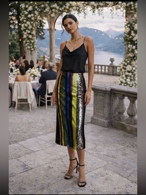 ANTHROPOLOGIE NWT Rdalama Striped Sequined MIDI Skirt Size XS.